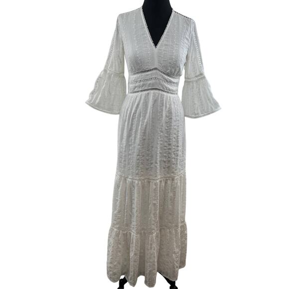 Juicy Couture Black Label White Bell Sleeve VNeck Laser Cut Boho Dress Wedding 2 - Picture 1 of 9